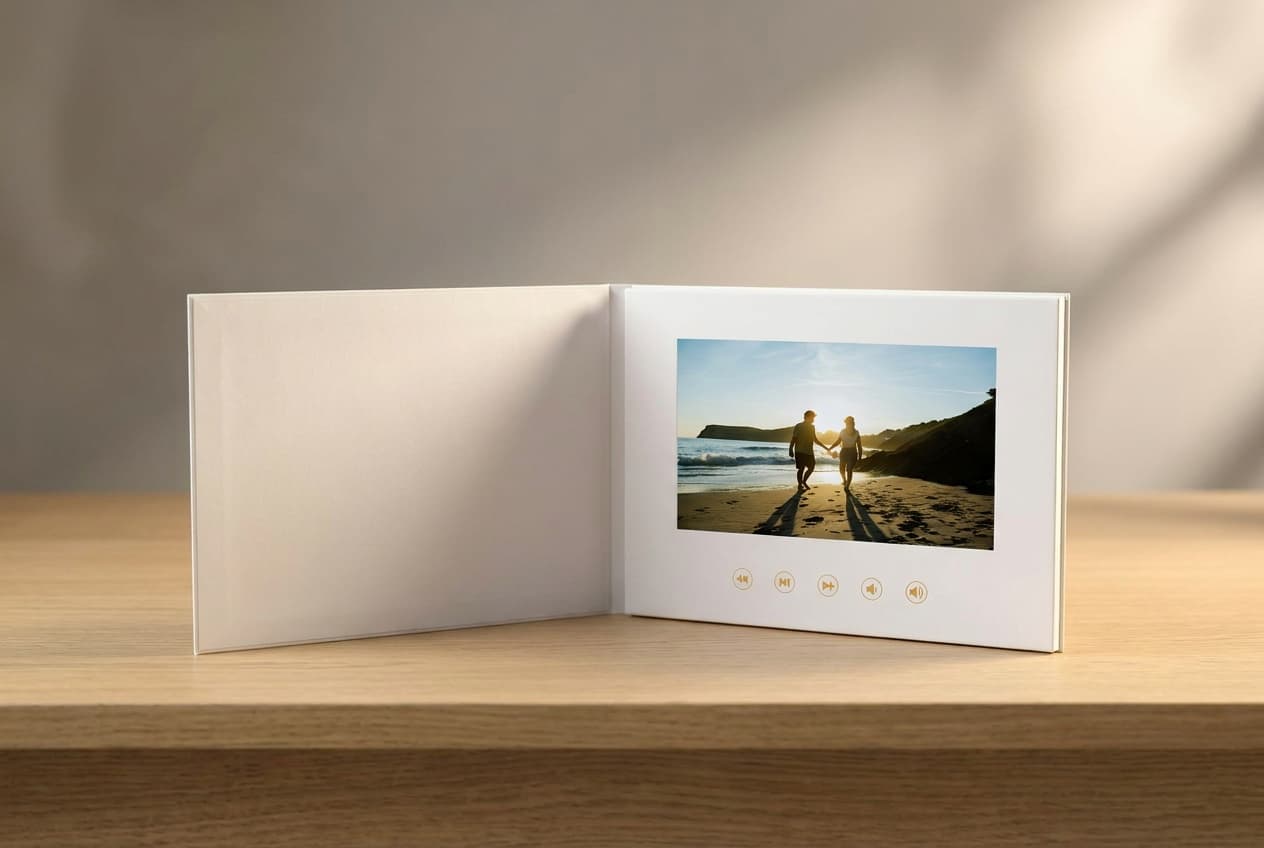 Videobook, a hardback book with a screen playing a song video